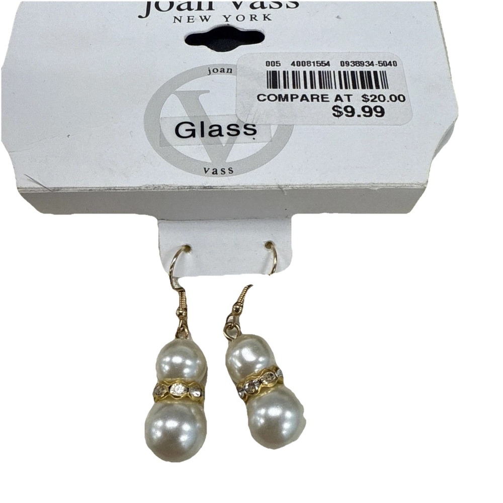 Joan Vass Crystal Dangle Earrings Pierced Faux Pearl Bead E1-11